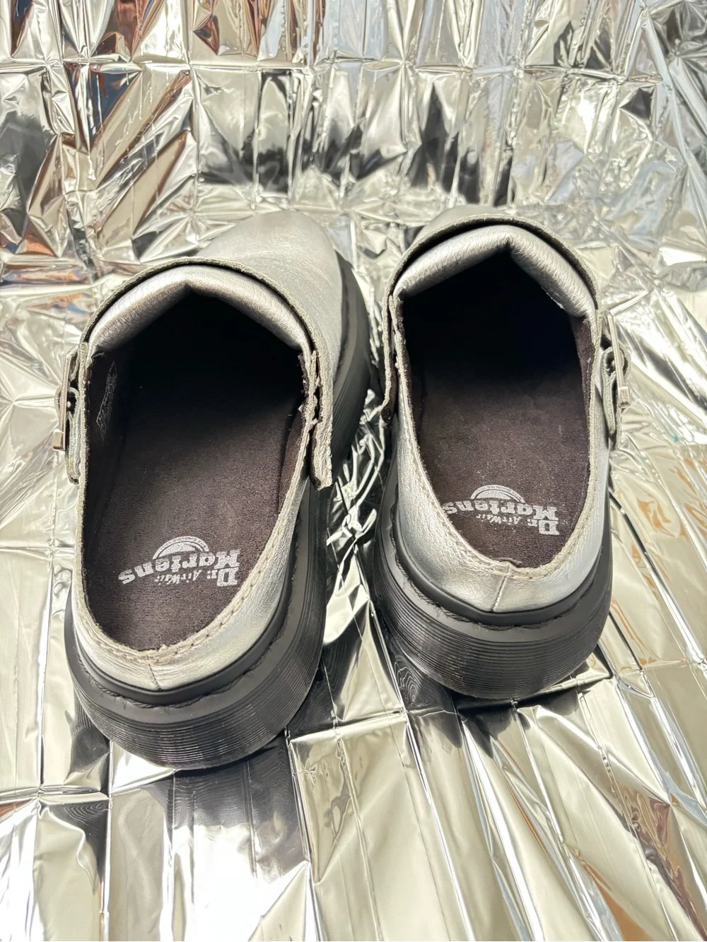 DR. MARTENS LAKETEN SILVER SLINGBACK MULES, size 9M